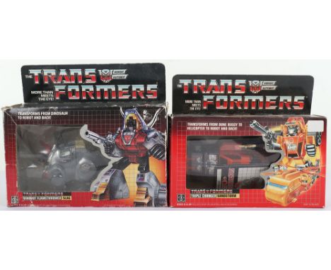 Two Boxed Hasbro G1 Transformers, 1986 issue Triple Changer Sandstorm transforms from Dune Buggy to helicopter to robot and b