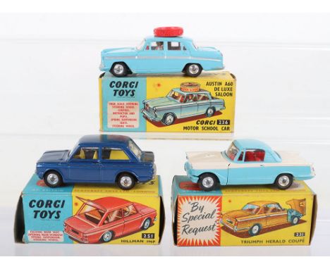 Three boxed Corgi Toys cars, 236 Austin A60 De Luxe Saloon Corgi Motor School car, light blue, near mint condition, box very 