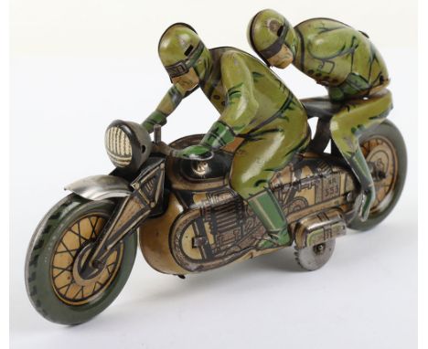 CKO Kellerman 353 tinplate clockwork Motorbike with racing driver and leaning passenger, U.S zone Germany circa 1950, lithogr