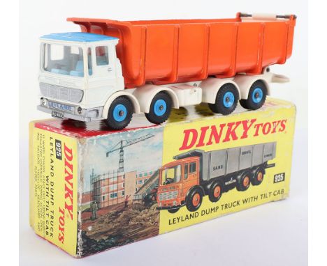 Dinky Toys 925 Leyland Dump Truck with Tilt Cab, white tilting cab and chassis, blue cab roof, orange tipper, white plastic t