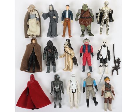 Fifteen  Vintage Loose Star Wars Action Figures, including: Imperial Stormtrooper @1980 L.F.L. Hong Kong, Han Solo Bespin out