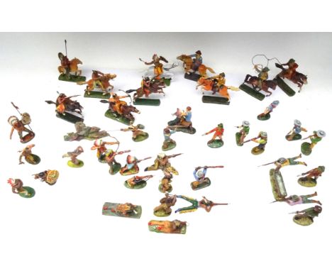 David Hawkins Collection Elastolin 70mm scale Cowboys and Indians various periods, ten mounted, combat vignette, rock and hor