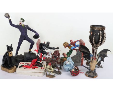A Quantity of Marvel DC Comics Figures, including Venom/Spiderman bookends, Poison Ivy, Droopy &amp; The Girl, The Joker, Har