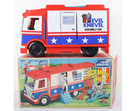 Ideal Toys King of The Stuntmen Evel Knievel Scramble Van, circa 1973 complete with jump ramp, cycle jack, cycle trailer, wor