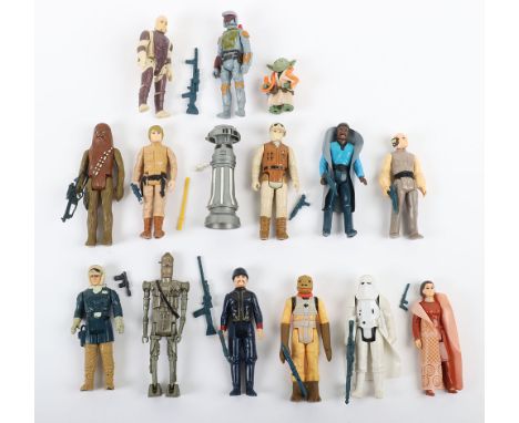 Fifteen Vintage Star Wars Action Figures including: Chewbacca with Bowcaster @ GMFGI 1977 Hong Kong, Boba Fett @C.P.G. 1979 n