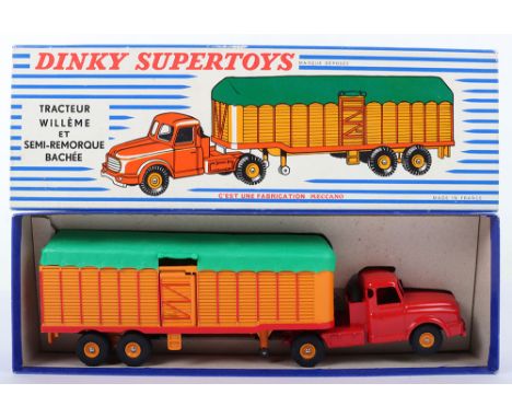 French Dinky Supertoys 896 Willeme tractor and covered trailer, red cab, orange/red trailer and green tilt, orange concave hu