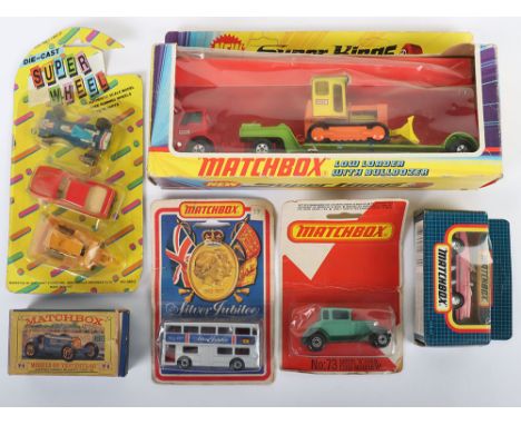 Matchbox Super Kings K-17 Low Loader with Bulldozer, Ford  red cab. lime green articulated back, yellow/orange bulldozer ‘Tay