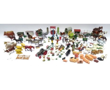 Britains and other Farm Animals with various accessories and many French made items, Farmer's Gig, Ertl Tractor, implements, 