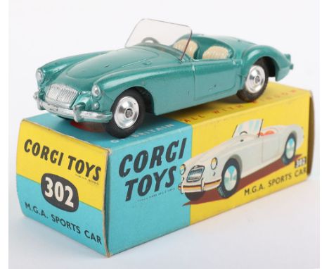 Corgi Toys 302 MGA Sports Car, bright metallic green body, cream seats, spun hubs, near mint original condition, blue/yellow 