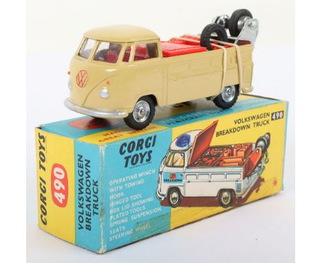 Corgi Toys 490 Volkswagen Breakdown Truck, olive green body, red interior, cast  wheel hubs, in near mint original condition,