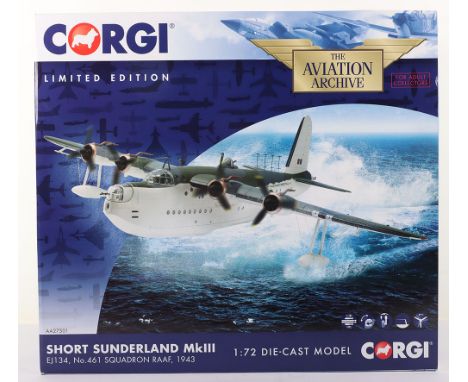 Five  Aeroplane Die Cast Models, including: Corgi “The Aviation Archive” AA27501 Short Sunderland Mk3, boxed model, model com