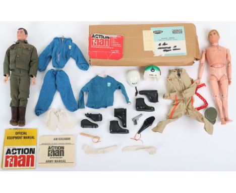 Vintage Palitoy Action Man Action Soldier, on black painted head doll, with identity tag, Army Manual, Equipment manual No.1,