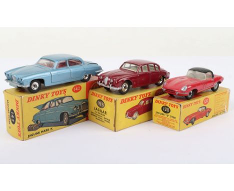 Three Dinky Toys Jaguar Models, 120 Jaguar E Type, red body, detachable hard top, missing folded hood, in fair condition, ori