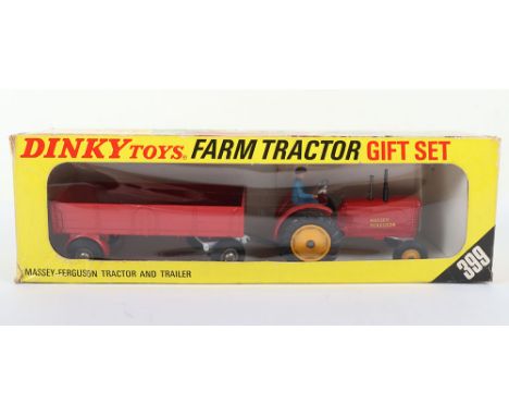 Dinky Toys 399 Farm Tractor &amp; Trailer Gift Set, Massey Ferguson Tractor, red body, blue plastic driver, yellow plastic fr