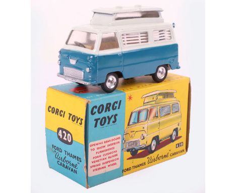 Corgi Toys 420 Ford Thames ‘Airbourne’ Caravan, off white top and blue bottom, cream interior with red table, near mint origi