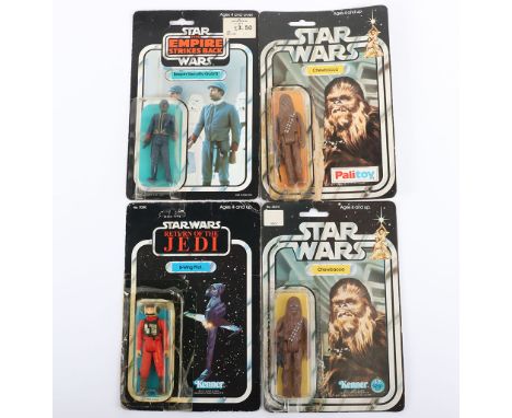 Four Carded Vintage Star Wars Figures, Palitoy Chewbacca, on 12 back card, bubble re glued, Kenner Chewbacca on 12 back card,