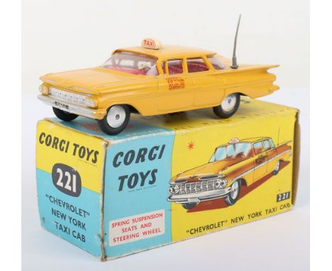 Corgi Toys 221 “Chevrolet” New York Taxi Cab, yellow body, red interior, aerial, flat spun wheel hubs, in near mint original 