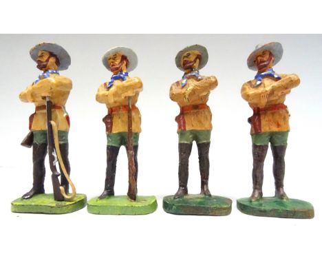 David Hawkins Collection Elastolin 70mm scale 'Buffalo' Bill Cody (one complete, three incomplete), and Cowboys, two mounted 