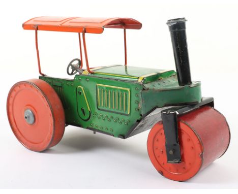 Tinplate clockwork Road Roller, Great Britain 1950s, green and orange with yellow lining, clockwork motor to rear wheels, 23c