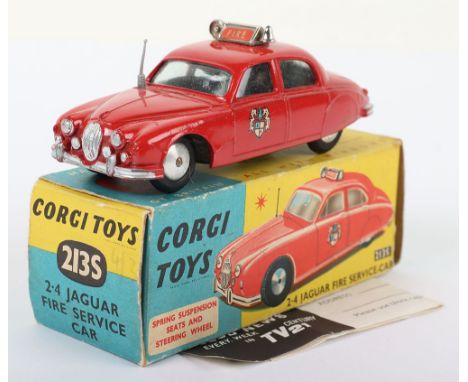 Corgi Toys 213 Jaguar 2.4  Fire Service Car, red body, bell, aerial, flat spun wheels, in mint original condition, with a  go