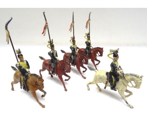 Britains set 100, 21st Lancers in full dress FIRST VERSION on pony horses, prick ears, with Trumpeter (Condition Good, one no