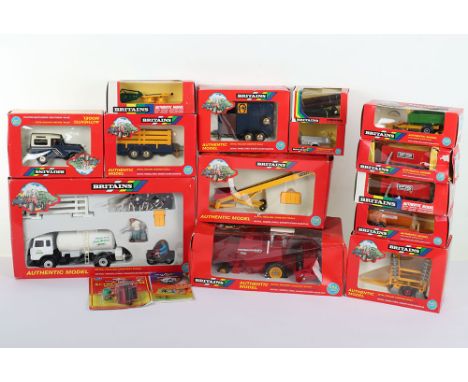 Fourteen boxed 1:32 scale Britains Farm vehicles and accessories, 9668 Milk Tanker gift set, 9570 Massey Ferguson Combine Har