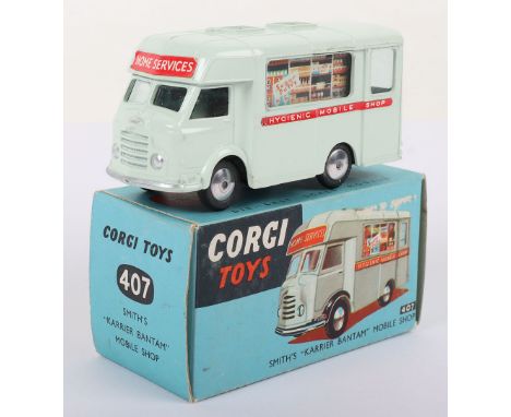 Corgi Toys 407 Smith Karrier Bantam Mobile Shop, pale green body, red paper labels, flat spun wheels, in mint original condit