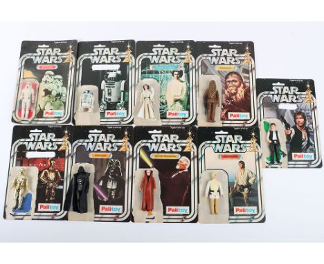 Nine Vintage Loose Star Wars Action Figures 1st Wave, R2-D2 @ GMFGI 1977 Taiwan, Chewbacca with Bowcaster @ GMFGI 1977 Hong K