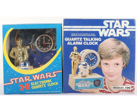 Boxed Vintage Bradley Time Star Wars Quartz Talking Alarm Clock, C-3PO and R2 D2 figurines, in near mint boxed condition, C-3
