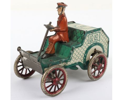 Lehmann tinplate Lo Lo Automobile, German circa 1910, car lithographed in green and cream, seated driver, spoked wheels and f