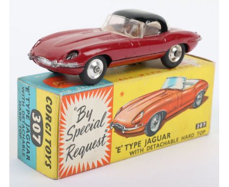 Corgi Toys 307 ‘E’ Type Jaguar, with detachable hard top, plum red body, black hard top, tan interior, spun shaped wheels, in