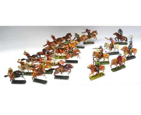 David Hawkins Collection Elastolin 70mm scale Mounted Cowboys and Indians various periods, with two additional horses (Condit