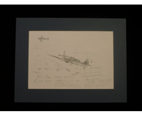 B12 RARE Stephen Teasdale ORIGINAL PENCIL DRAWING signed by 11 Luftwaffe and RAF WW2 Fighter Aces and highly decorated pilots