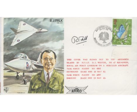 R J Falk OBE Signed FDC. RAF TP21. Stamp dated 8th May 1982.  Good condition. All autographs come with a Certificate of Authe