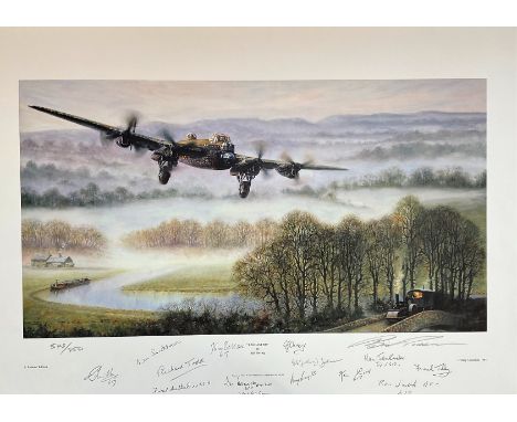 Multi-Signed Bill Perring Print. Titled "Lancaster!". Signed in Pencil By Battle Of Britain, Bomber Pilots:- Les Smith, Richa