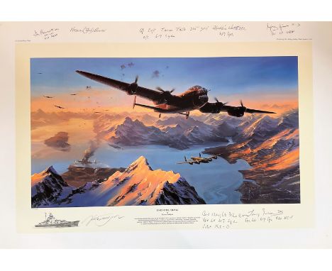 Nicolas Trudgian print. Titled "SINKING THE TIRPITZ" Signed Print. Limited Edition 471/550. Signatures from Dambuster 617 Squ