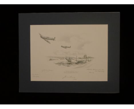 B11 RARE Nicolas Trudgian ORIGINAL PENCIL DRAWING "Summer Harvest - Spitfires of No. 19 Squadron Swoop Low Over a Downed BF10