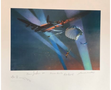 Multi-Signed Frank Wootton Print. Titled "Lancaster Bale Out". Signed in pencil by Norman Jackson, Bill Reid and the artist F
