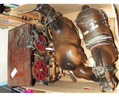 Three ceramic Shire horses and carts