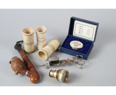 Three 19th century turned ivory dice shaker cups, a pair of Sheffield plate wick trimmers, a mother-of-pearl monocular, a har