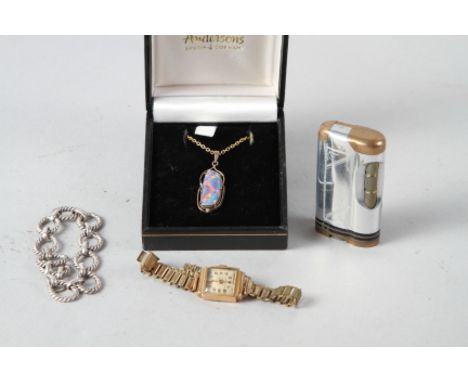 A lady's 18ct gold cased wristwatch, an Italian bracelet, an opal pendant, in yellow metal frame, a cigarette lighter 