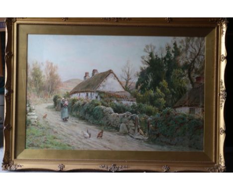 Tom Clough: watercolours, woman and child on a lane outside a cottage, Thos Agnew &amp; Sons label verso, 24 1/2" x 39 1/2", 