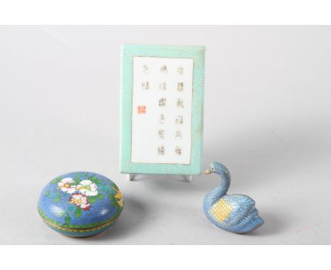 A Chinese porcelain box and cover with verse and textured light green glaze, 4 3/4" wide x 3 1/4" deep, a ceramic model of a 