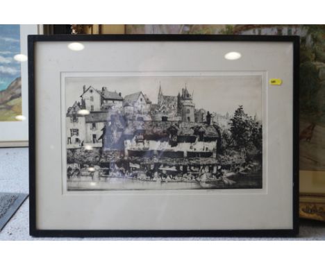 Job Nixon ARE: a signed etching, "Les Lavoirs, Vannes", in strip frame 