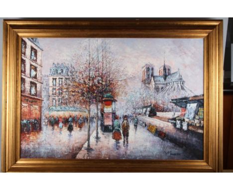 R Sanchez: oil on canvas, view of Notre Dame Paris, 22 1/2" x 36", in gilt frame, and a similar Parisian street scene, in gil