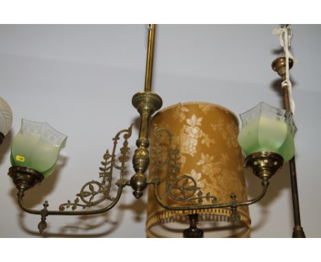 A late 19th century brass two-light gasolier (now converted to electricity) with etched green glass shades, 36" high x 32" wi