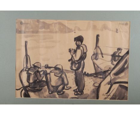 A monochrome watercolour sketch, Vietnamese scene with soldiers on a boat, dated 1971, 10 1/2" x 15 1/4", in strip frame 