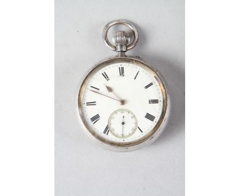 A silver cased pocket watch with white enamel dial, Roman numerals and subsidiary seconds dial (over-wound and cracked glass)