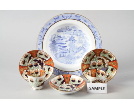 Two 19th century Spode "2213" pattern teacups, decorated in the Imari palette, three matching saucers and ten Spode "Willow" 