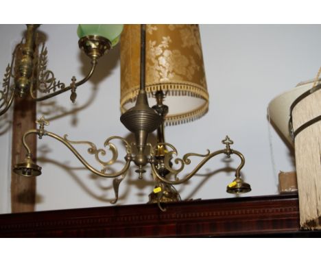 A late 19th century brass two-light gas chandelier with yellow etched shades, 37 1/2" wide x 36" high 